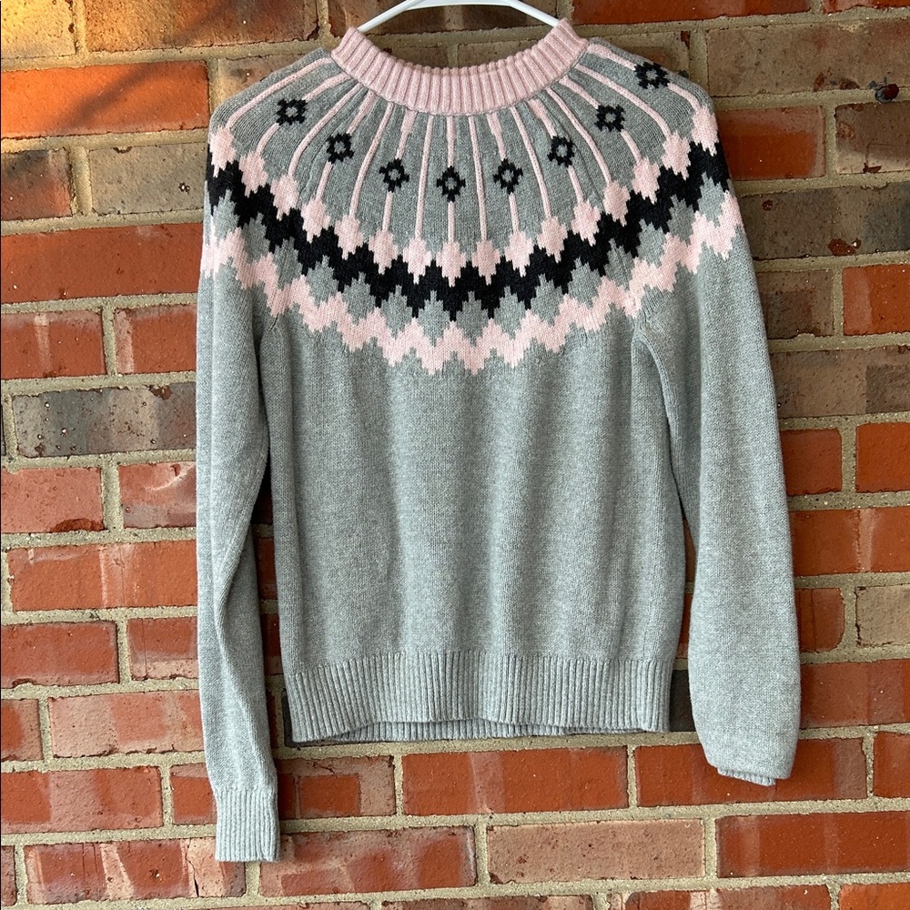 J. Crew Gray and Pink Fair Isle Sweater